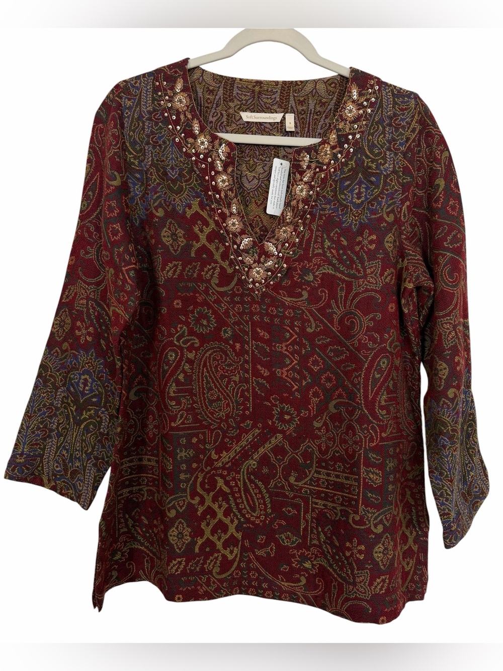 Soft Surroungings Nikol Tunic Top Burgundy Paisley Tapestry Beaded NWT Small